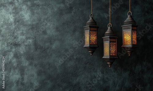 Ornate Metal Lanterns with Warm Light Against Dark Teal Textured Background