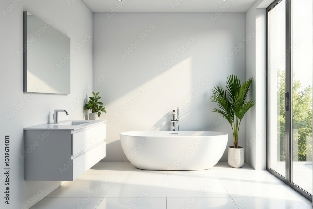 Fototapeta premium Sleek white minimalist bathroom, natural light , home decor, marble