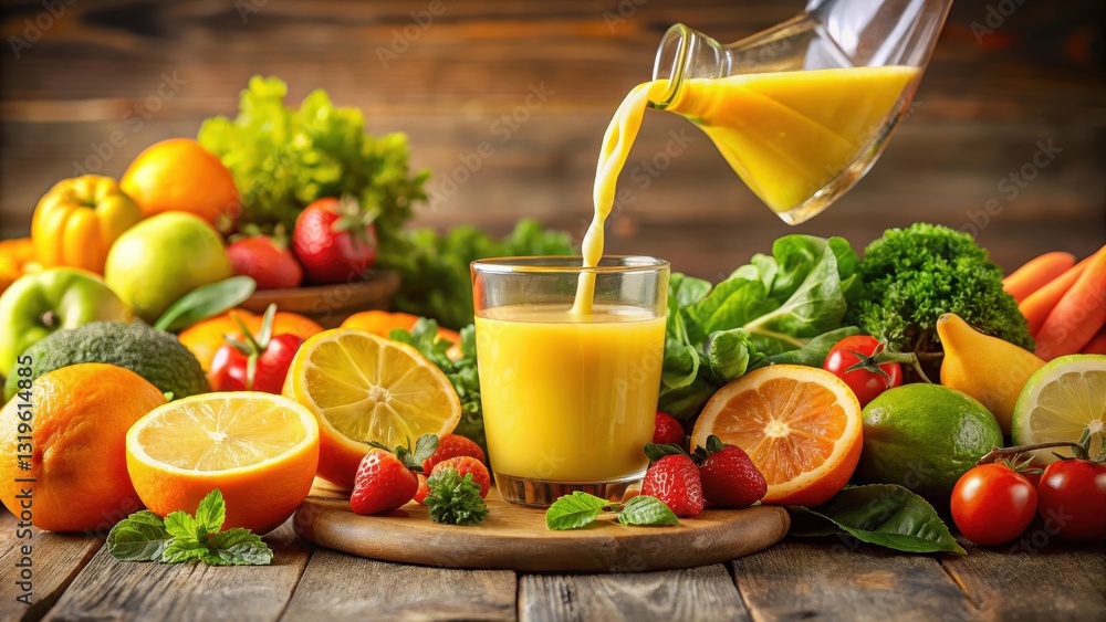 Freshly squeezed lemon juice is poured over an assortment of juicy fruits and crunchy vegetables, creating a refreshing and revitalizing snack or side dish , snack, side dish Freshly squeezed lemon juice is poured over an assortment of juicy fruits and crunchy vegetables, creating a refreshing and revitalizing snack or side dish , snack, side dish