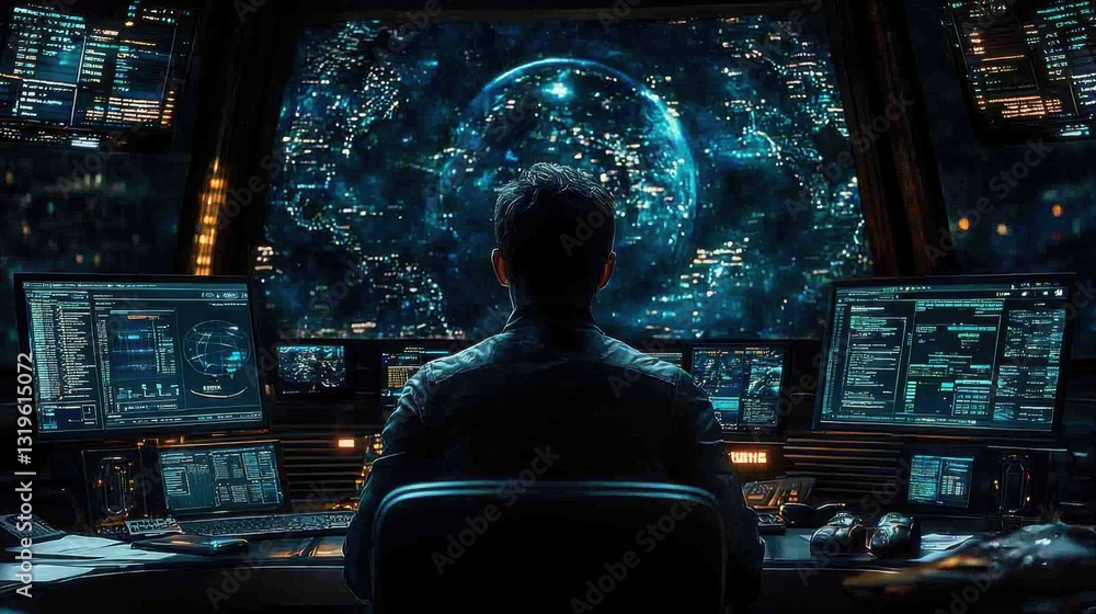 A person seated before multiple screens displaying futuristic data. A person seated before multiple screens displaying futuristic data.