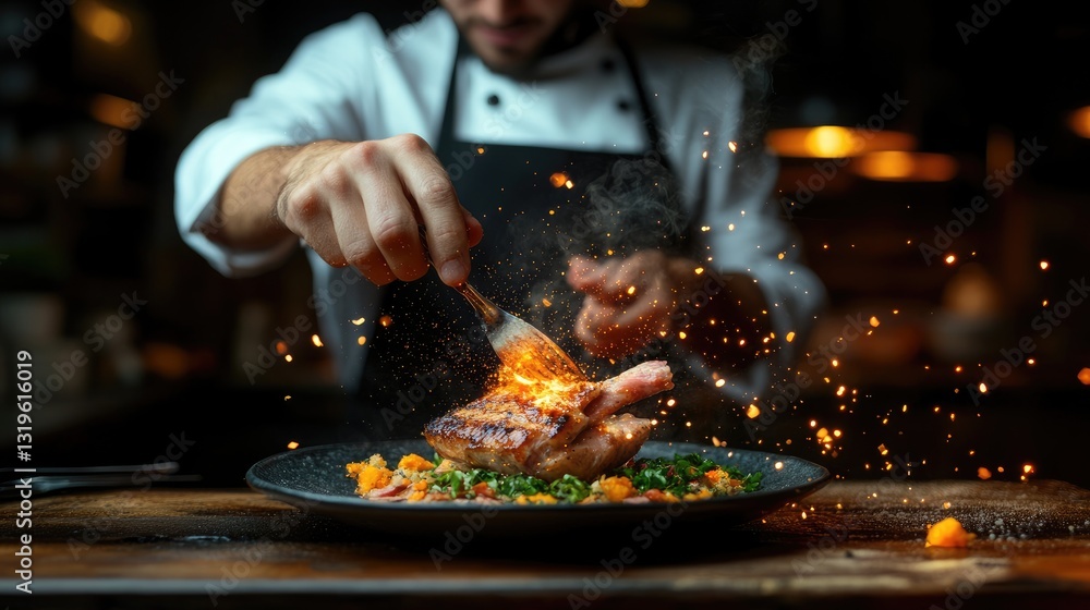 Obraz premium Chef Adding Finishing Touch to Gourmet Dish with Sizzling Flames and Flavors
