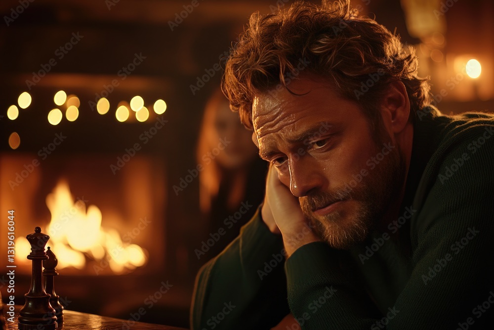 Contemplative Man with Beard by Cozy Fireplace Playing Chess in Warm Lighting Contemplative Man with Beard by Cozy Fireplace Playing Chess in Warm Lighting