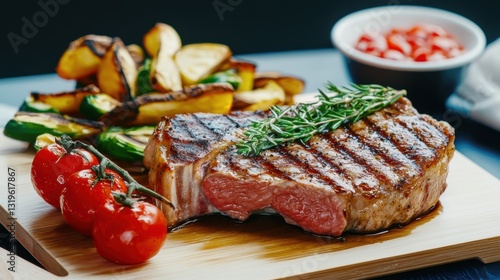 Grilled steak with vegetables and herbs on a wooden board.