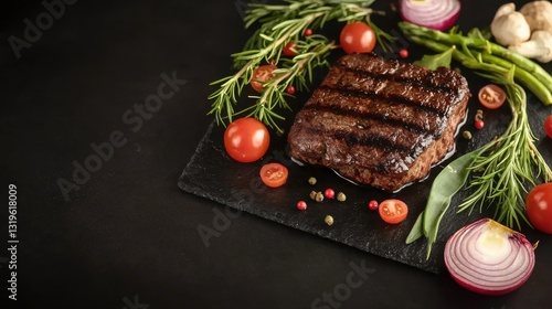 Grilled steak with vegetables and herbs on a dark background.