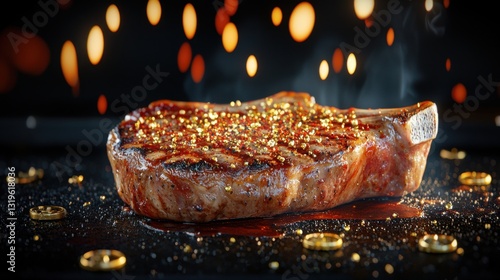 Juicy steak garnished with spices and a blurred, glowing background.