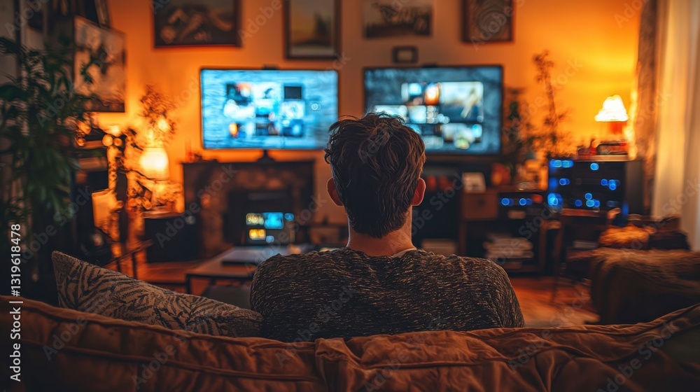 Cozy evening with a person watching multiple screens in a warm atmosphere. Cozy evening with a person watching multiple screens in a warm atmosphere.