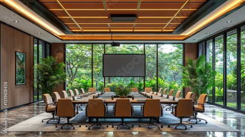Modern conference room with large windows and green plants.