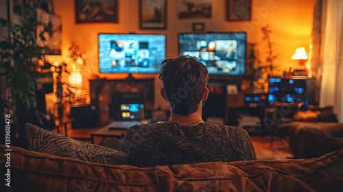 Cozy evening with a person watching multiple screens in a warm atmosphere.