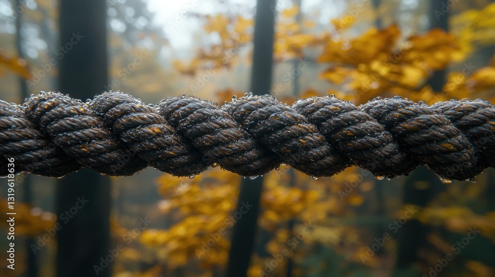 Fototapeta premium Dew-covered rope bridge in autumnal forest
