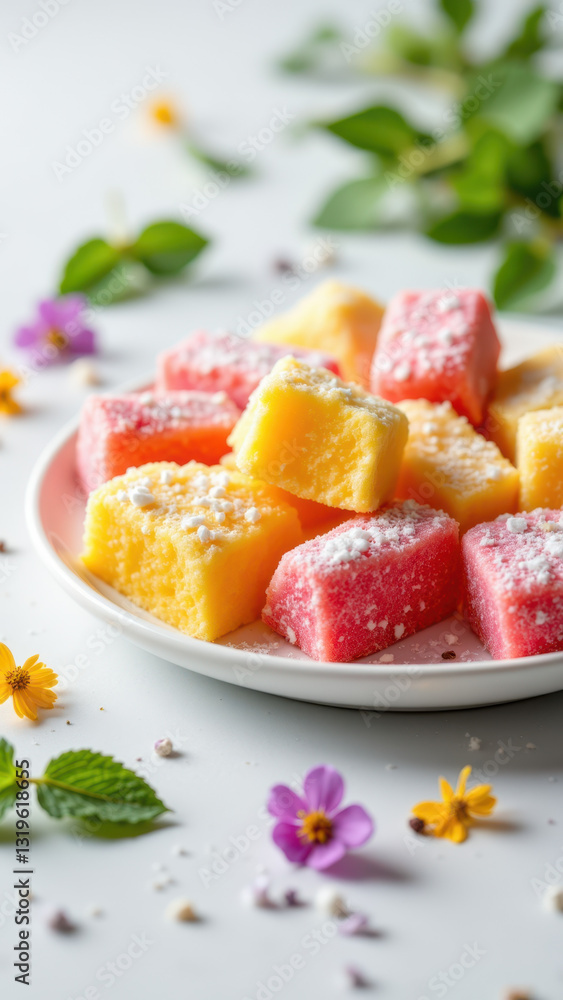 A colorful tray of dye-free candy garnished with edible flowers on a light surface. A colorful tray of dye-free candy garnished with edible flowers on a light surface.