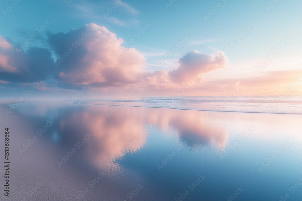 Obraz premium Stunning coastal landscape at sunset or sunrise with bright reflections in the sea and beautiful clouds, beautiful sky, seascape, composite background, desktop wallpaper