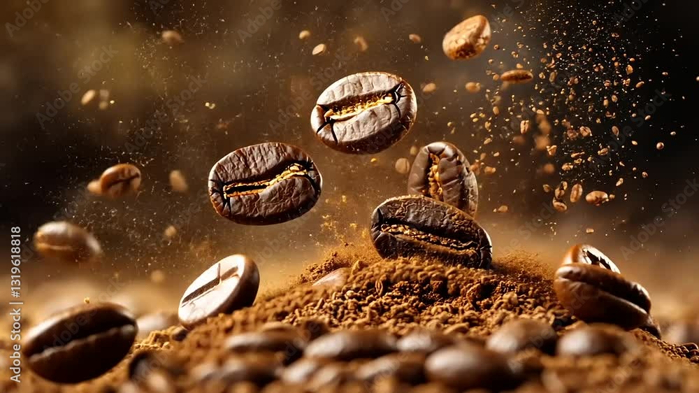 Floating coffee beans above a mound of ground coffee with a blurred, warm background Floating coffee beans above a mound of ground coffee with a blurred, warm background