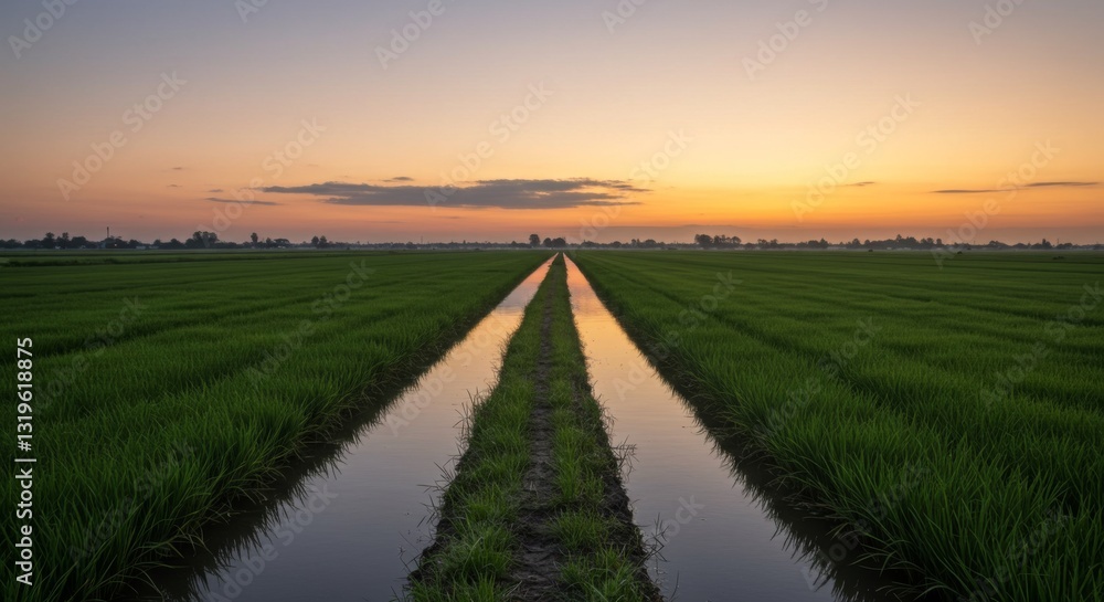Fototapeta premium Green Rice Paddy Field with Water Canals at Colorful Sunset