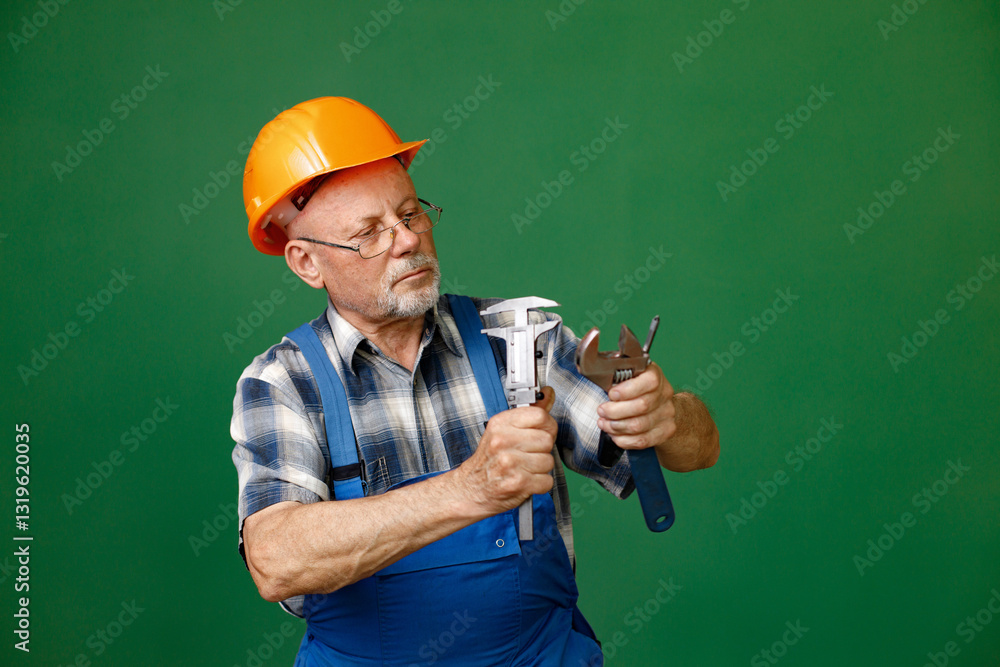 Studio photo of a man worker holding tools isolated on green background