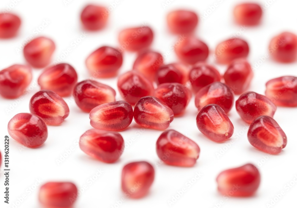 Pomegranate Seeds Scattered on White - A close-up shot of vibrant red pomegranate seeds scattered artfully on a clean white background Pomegranate Seeds Scattered on White - A close-up shot of vibrant red pomegranate seeds scattered artfully on a clean white background