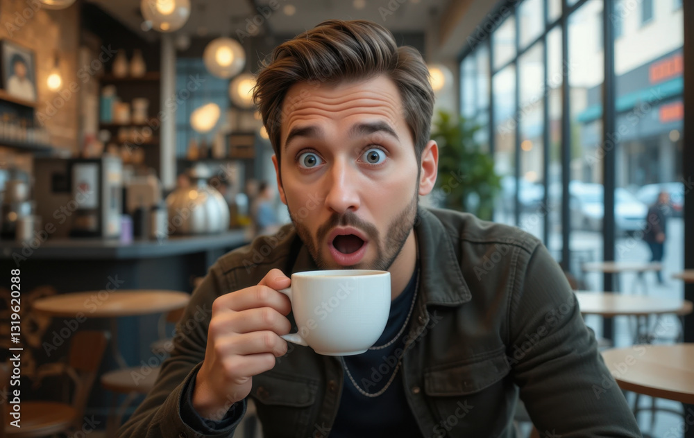 Man in a cafe holding a cup of coffee with shocked expression, modern urban coffee shop setting, soft natural lighting, high prices concept, global coffee crisis concept Man in a cafe holding a cup of coffee with shocked expression, modern urban coffee shop setting, soft natural lighting, high prices concept, global coffee crisis concept