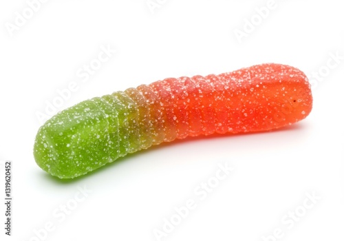 Sugary Gummy Worm Candy - A single, delicious-looking gummy worm candy, showcasing its vibrant green and red colors and sugary texture. Perfect for sweet treat advertisements photo