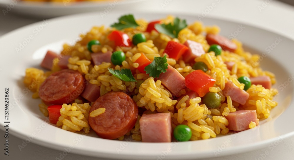 Serving of Yellow Rice with Sausage Ham and Vegetables Dish Serving of Yellow Rice with Sausage Ham and Vegetables Dish