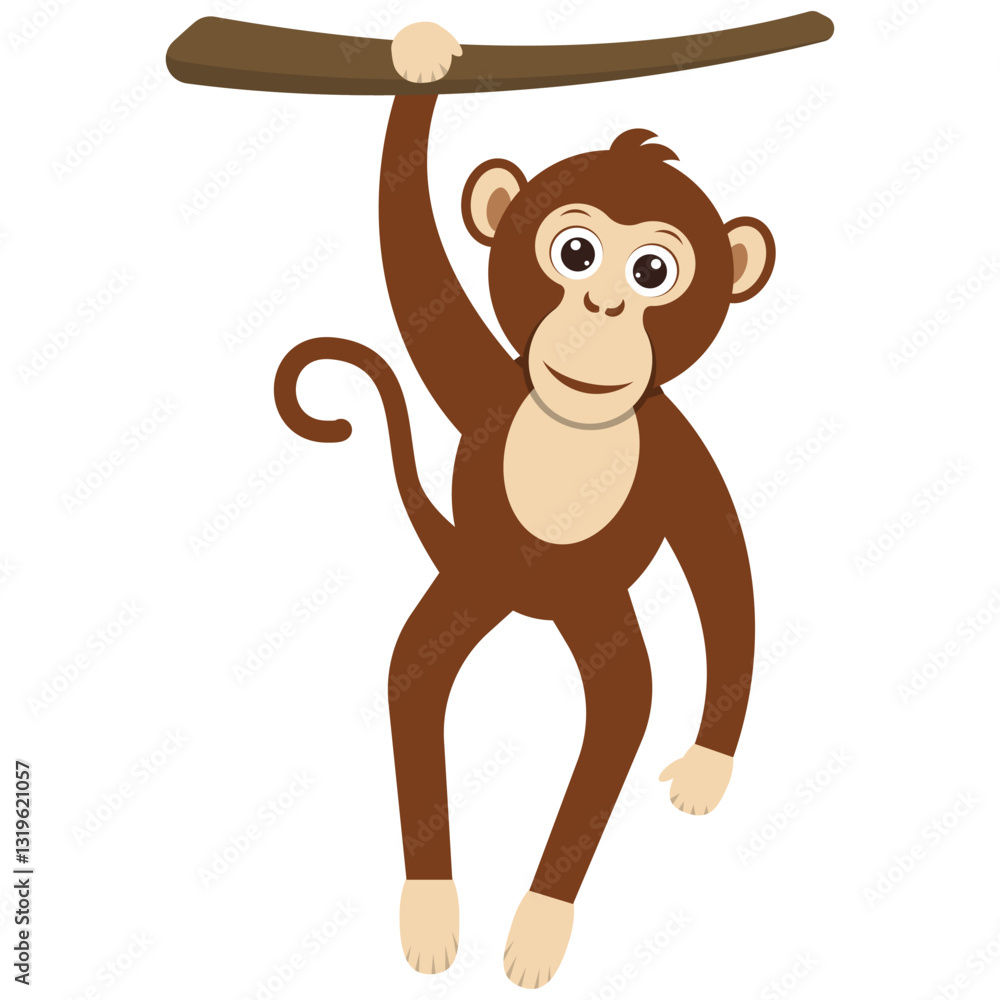 Fototapeta premium An adorable and fun cartoon monkey joyfully hanging from a sturdy branch in a vibrant jungle