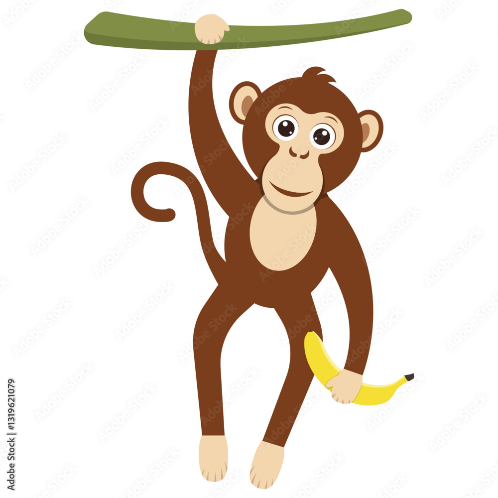 Obraz premium A cute cartoon monkey clinging to a ripe banana in a vibrant jungle with colorful plants