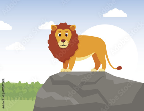 A majestic cartoon lion stands proudly on a rock amid a sunny and vibrant landscape