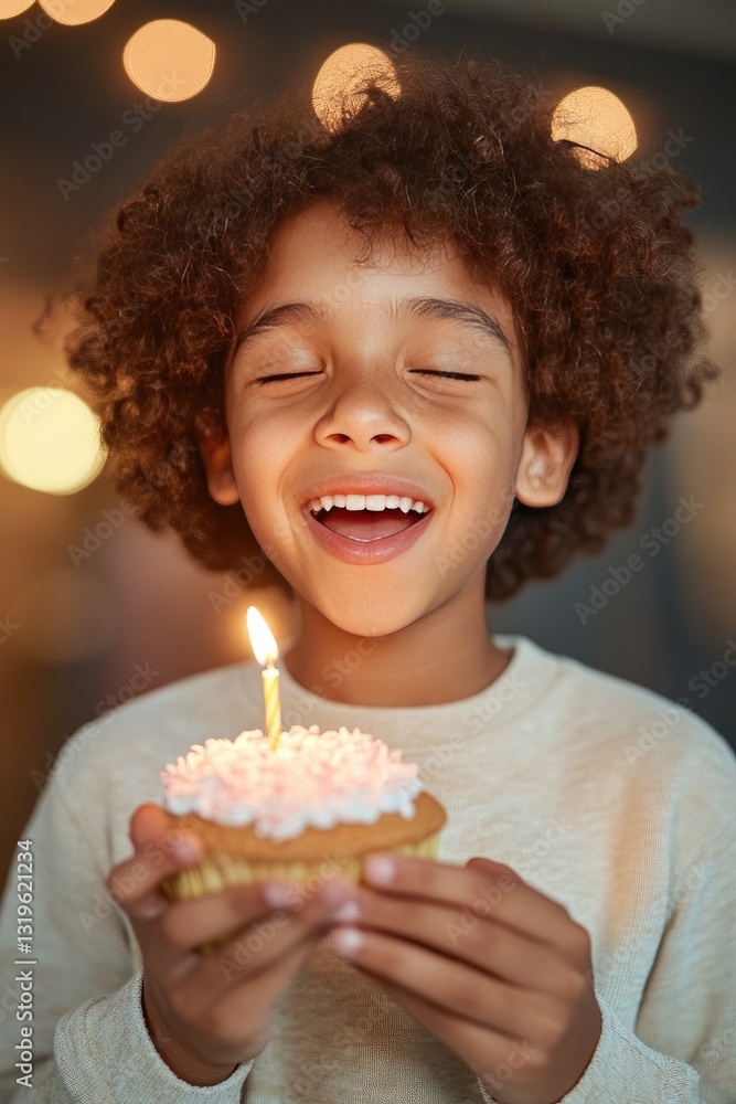 Joyful Child Celebrating Birthday with Cupcake and Candle in a Warm Atmosphere Joyful Child Celebrating Birthday with Cupcake and Candle in a Warm Atmosphere