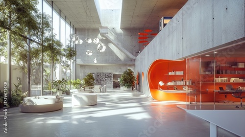 Fototapeta Naklejka Na Ścianę i Meble -  Modern Architectural Design, Sunlit Concrete Lobby with Orange Accents and Lush Greenery