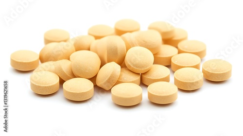 Pile of small round yellow pills on white surface