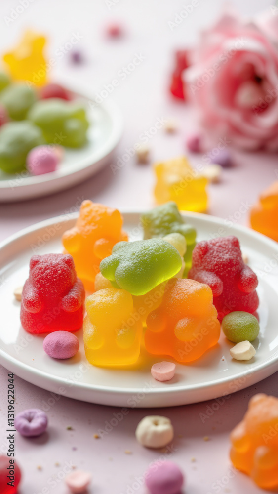 A collection of colorful candy gummies shaped like animals on a plate with sprinkles around them. A collection of colorful candy gummies shaped like animals on a plate with sprinkles around them.