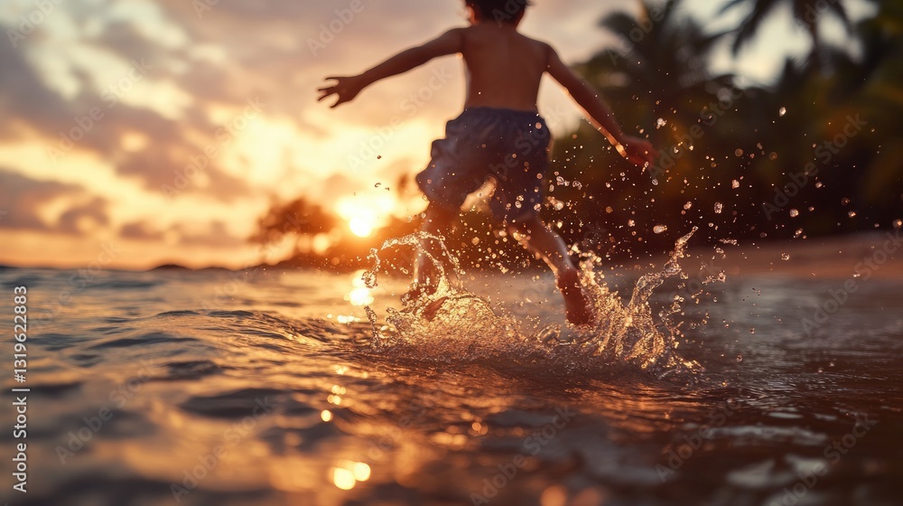 Joyful Child Splashing in Ocean Waves at Vibrant Sunset on Tropical Beach Joyful Child Splashing in Ocean Waves at Vibrant Sunset on Tropical Beach