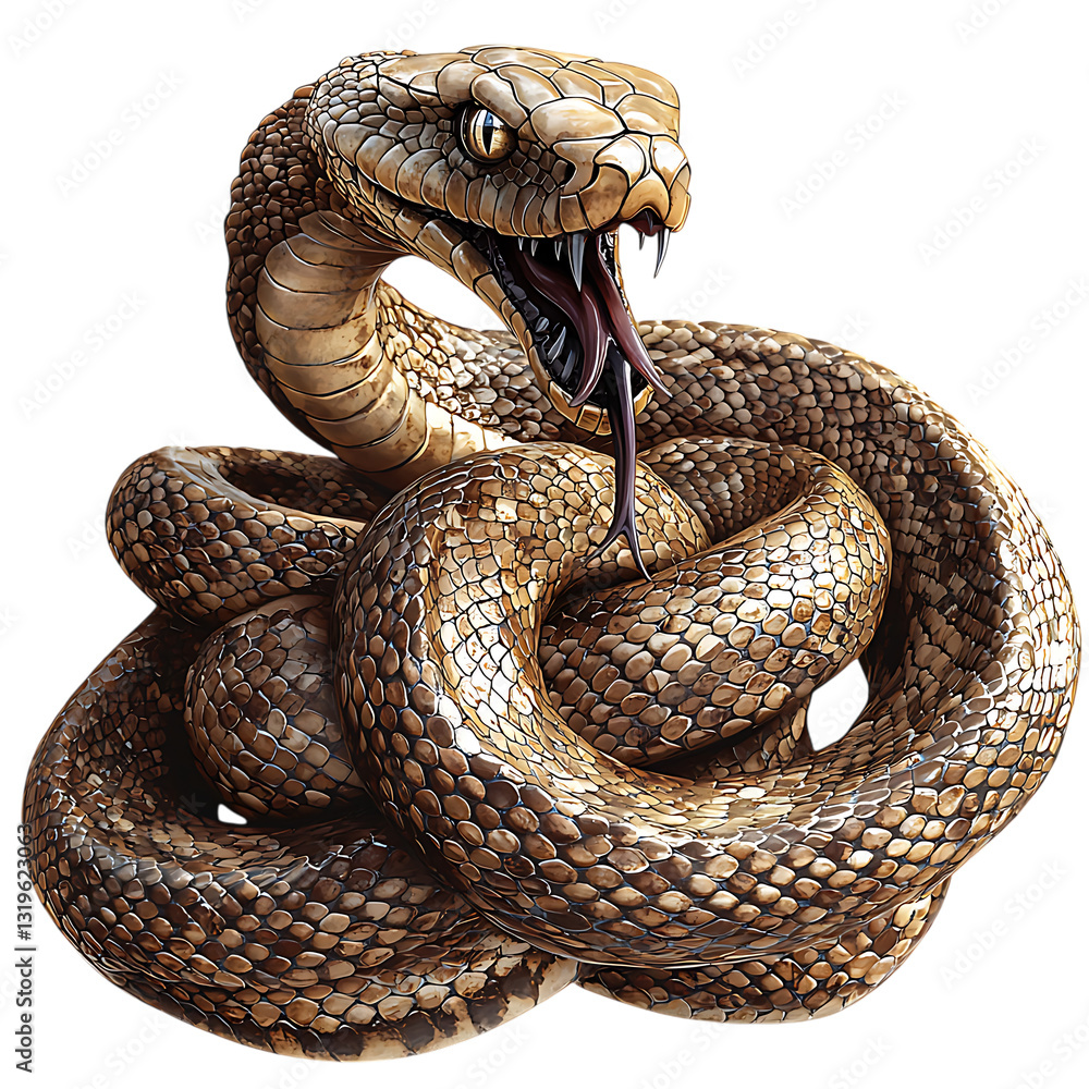 Fototapeta premium A Menacing Cobra, Coiled And Ready To Strike, Its Scales Gleaming With A Dangerous Beauty Against A Stark Isolated on Transparent Background
