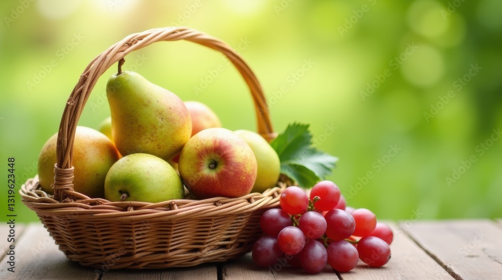 Close-up of wicker basket with organic pears and grapes on wooden table, soft green field, great for fresh produce or nature visuals. Close-up of wicker basket with organic pears and grapes on wooden table, soft green field, great for fresh produce or nature visuals.