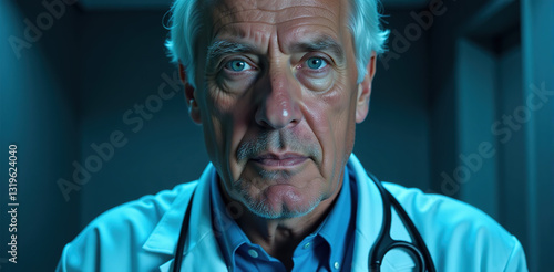 Close-up portrait of a senior male doctor in a lab coat, looking directly at the camera with a serious expression.  Suitable for medical and healthcare related projects. photo