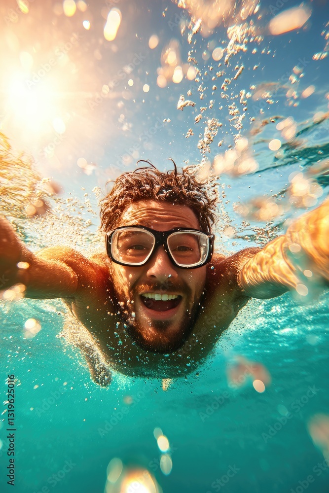 Fototapeta premium Underwater Adventure: Joyful Diver Capturing Sunlit Selfie in Crystal Clear Ocean