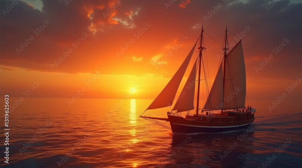 Naklejka premium Wooden boat sailing on calm ocean at sunset, vibrant warm colors, peaceful and serene mood, ideal for travel or relaxation themes.