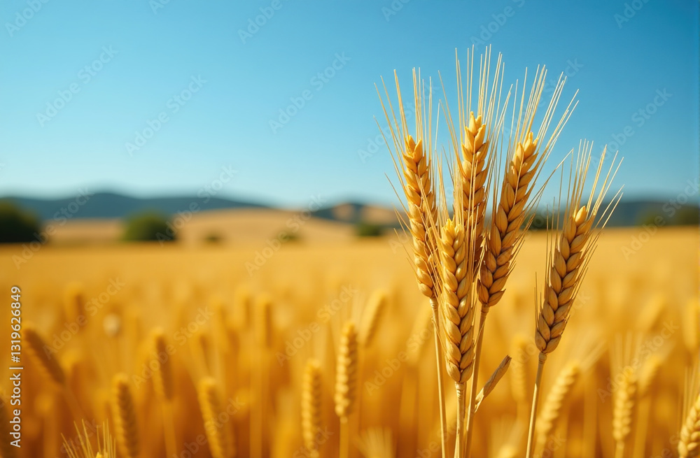 Naklejka premium Close-up of ripe golden wheat stalks in a field under a sunny sky. Perfect for food, agriculture, and nature themes.