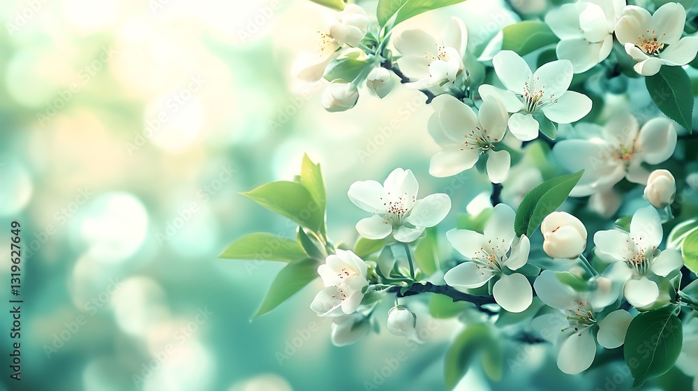 Fototapeta premium Beautiful delicate white blossoms blooming in springtime sunlight softly