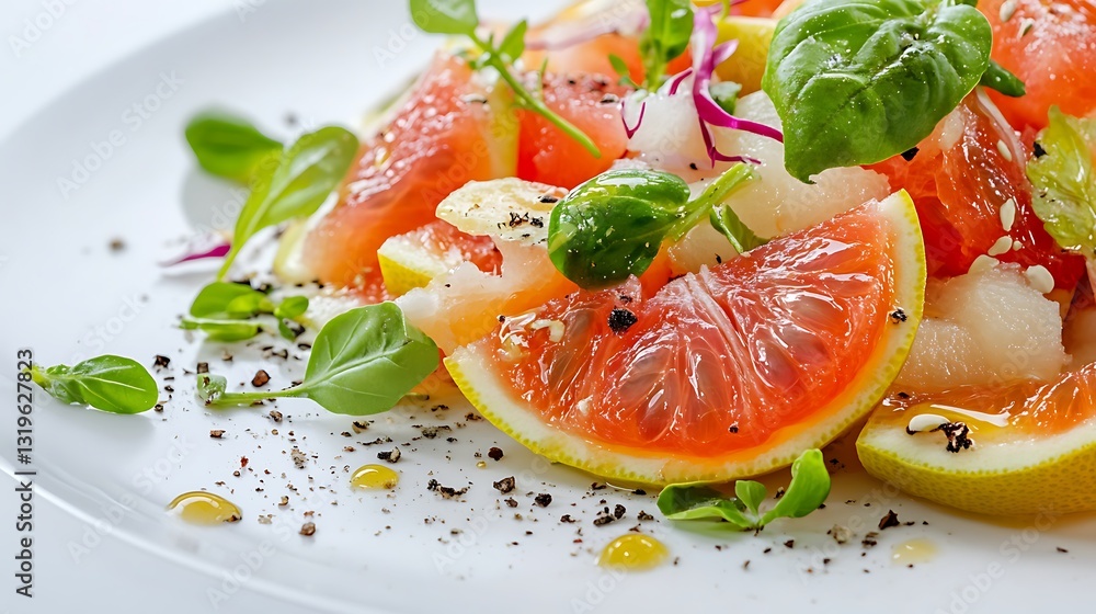 Close up of grapefruit salad with basil on a plate Close up of grapefruit salad with basil on a plate