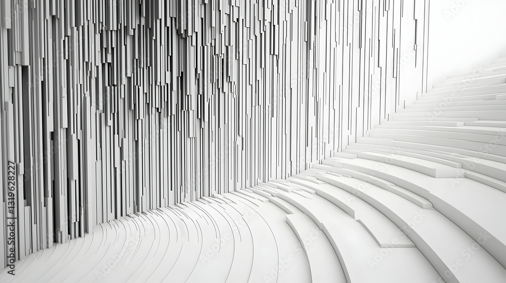 Obraz premium Abstract Architectural Interior With White Curved Walls And Black Vertical Lines Pattern