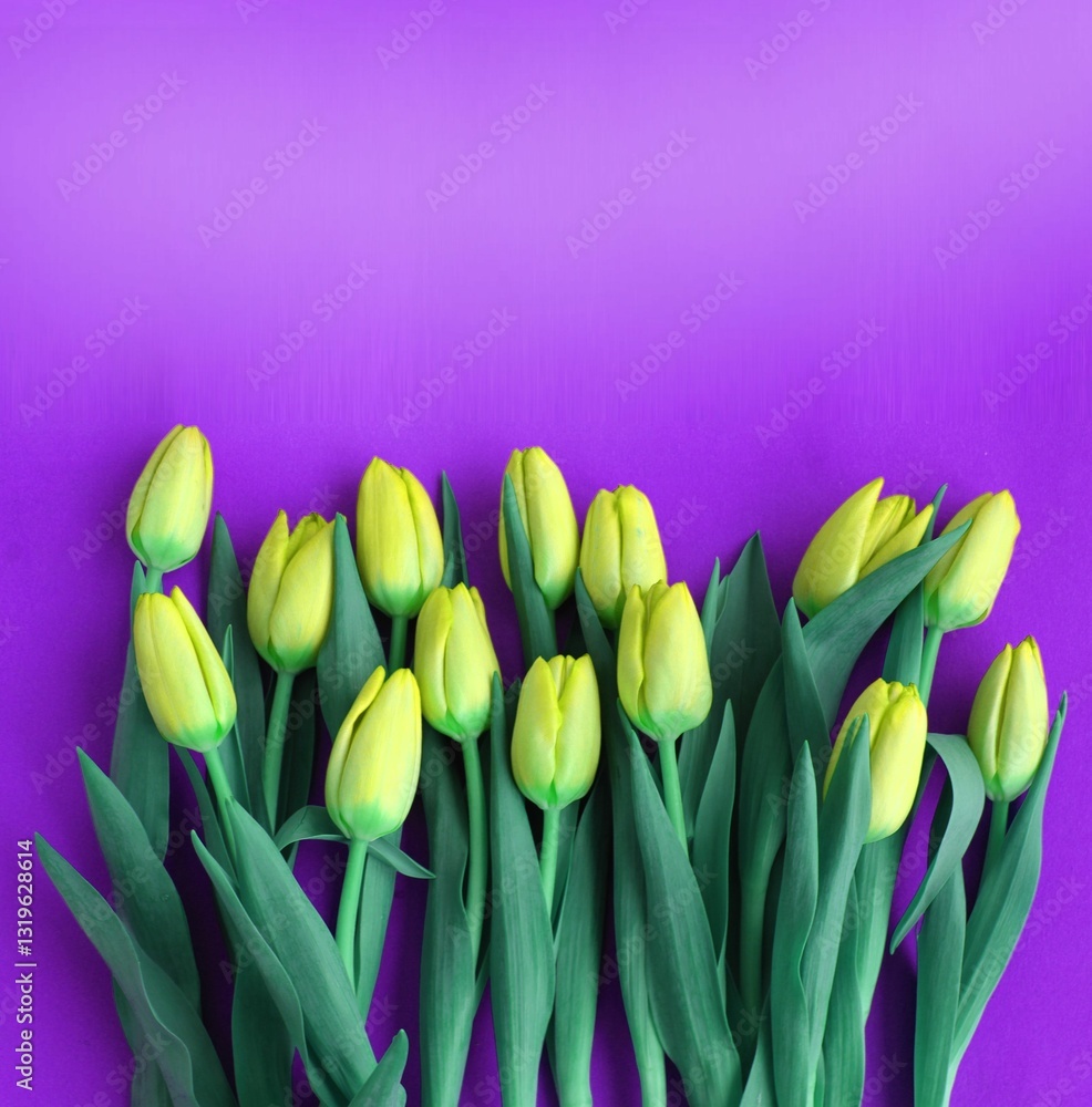 A spring bouquet of tulips. Yellow tulips on a purple background. Festive flower arrangement. A spring bouquet of tulips. Yellow tulips on a purple background. Festive flower arrangement.