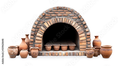 Brick oven with pottery on and inside the structure