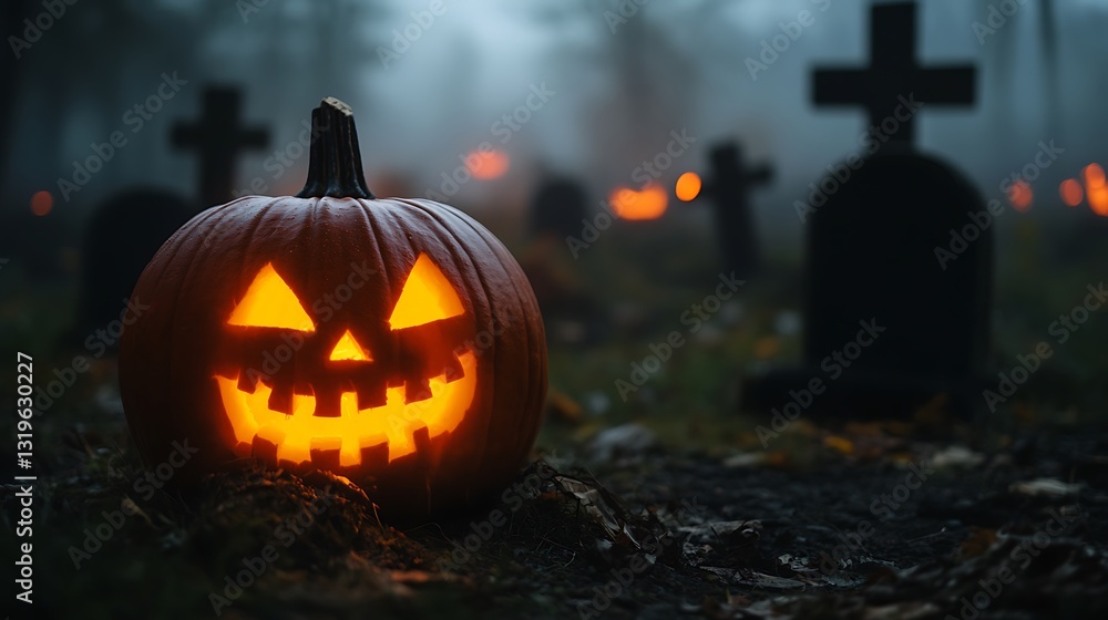 Fototapeta premium A glowing jack o lantern sits near cemetery tombstones at night