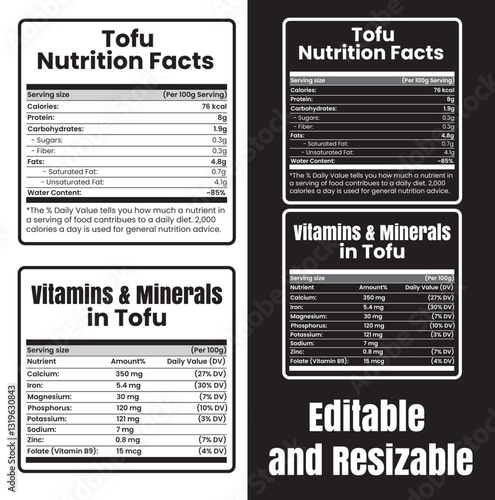 Tofu nutritional information, Tofu Nutrition Facts Vector, Tofu Nutritional Information Chart, Calories and Health Benefits,
Tofu Calorie Comparison Chart,  Nutritional Information EPS.