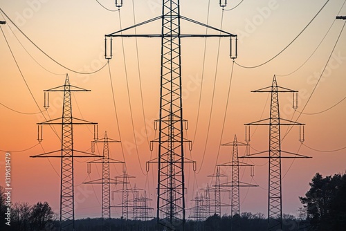 High voltage power lines over a field at sunset