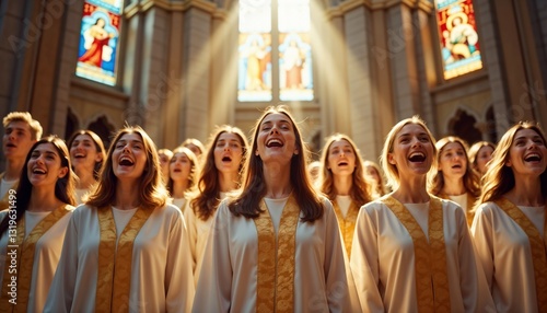 Easter Sunday choir with joyful expressions singing in bright cathedral light