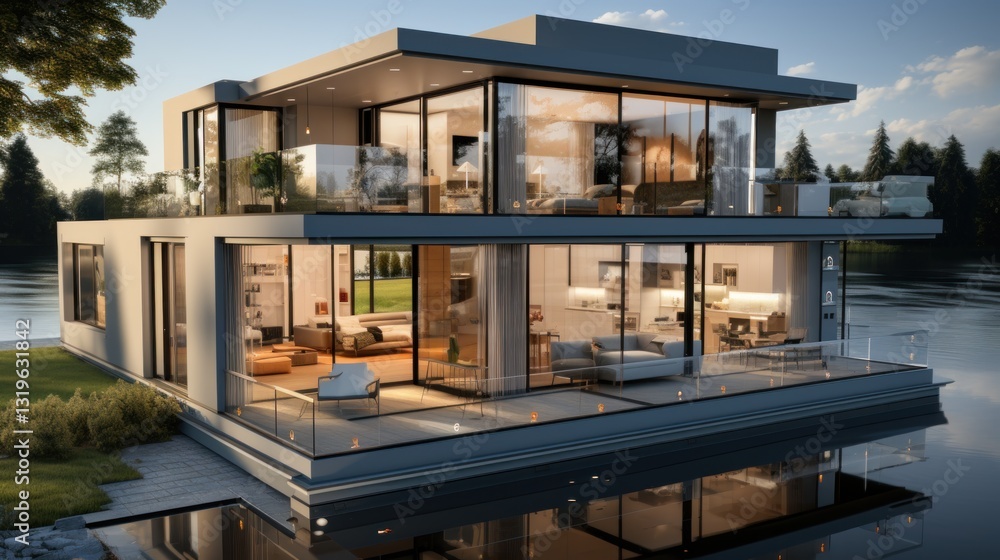 Fototapeta premium Luxury Floating Home on Serene Lake at Dusk
