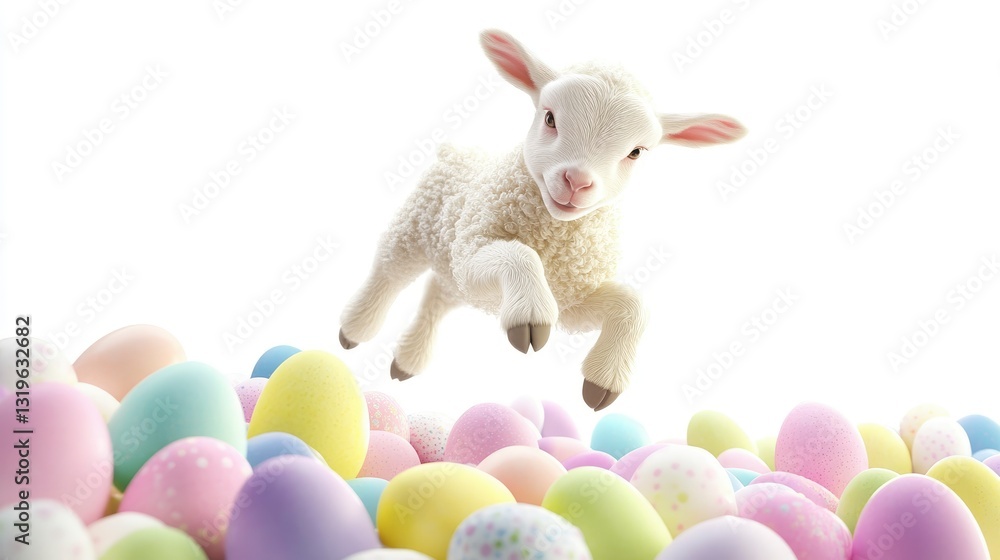 Fototapeta premium Happy easter bunny jumping over colorful eggs spring garden
