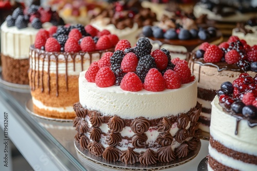 Assortment of beautiful cakes topped with fresh berries Rich decadent desserts perfect for any celebration or special occasion