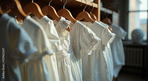 Adorable white baby dresses hanging on wooden hangers, sunlit, close-up shot. Perfect for baby fashion, clothing stores, or christening event imagery.