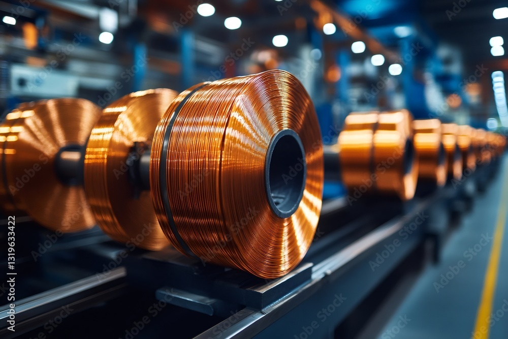 Obraz premium Copper wire reels rotating on the production line in a cable factory